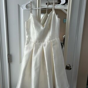 Ivory Satin Tea-Length Wedding Dress with White Faux Fur Shoulder Stole